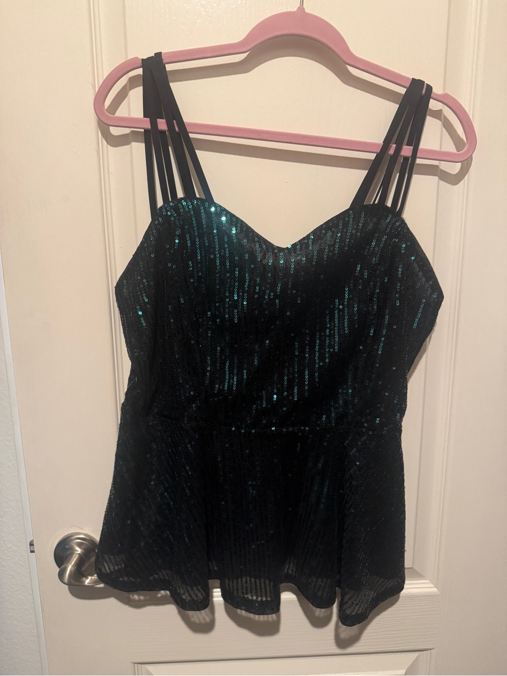 Sequined Black & Teal Peplum Tank Top